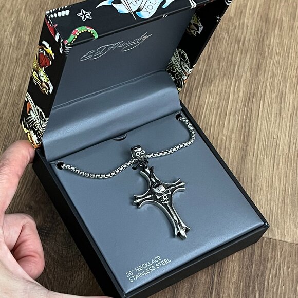 NEW Ed Hardy Skull Cross Chunky Chain Mens Stainless Steel Necklace